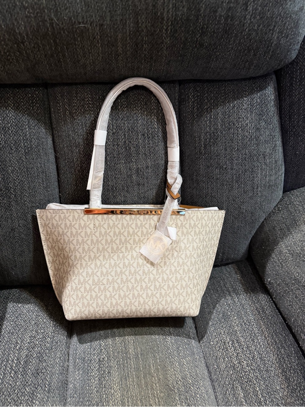 Michael Kors Cream Monogram Tote with Gold-Tone Accent